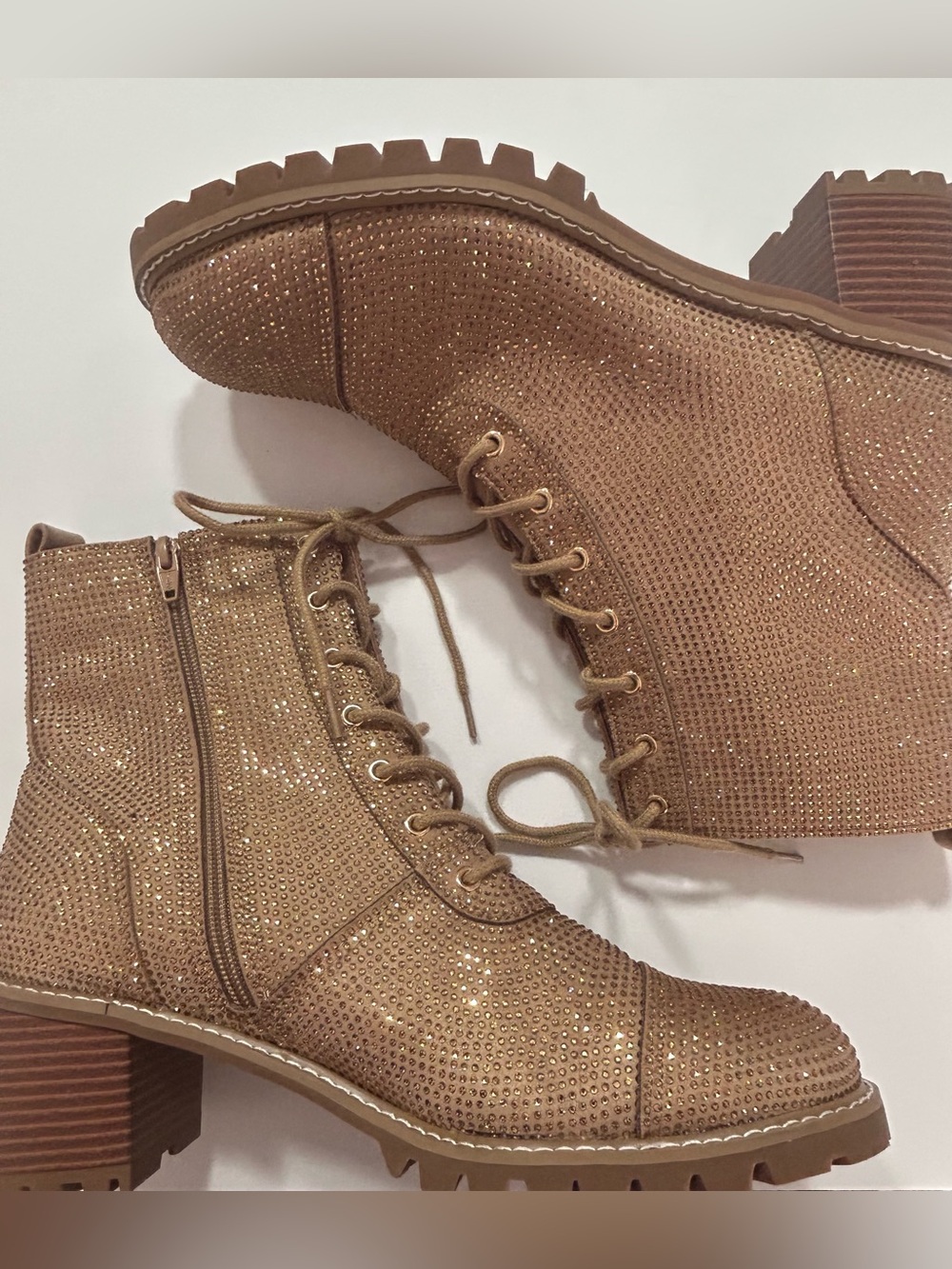 Comfort metallic gold, sequin, lace up, lug sole, chunky heel ankle boots 12